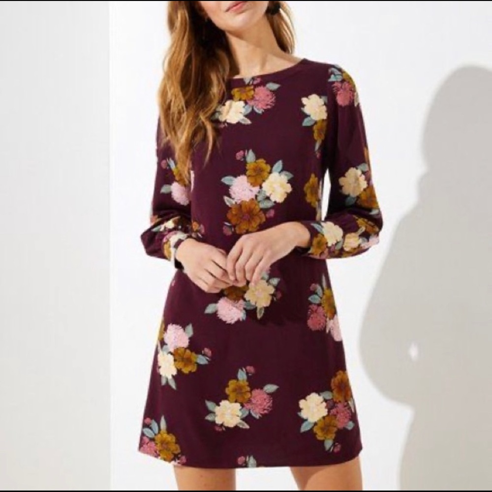 LOFT Womens Tunic Dress Burgundy Floral Print Long Sleeved NEW Size 0